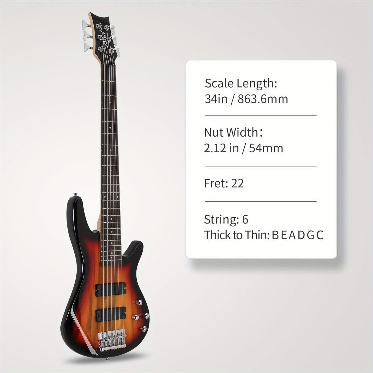 Full Size GIB 6 String H-H Pickup Electric Bass Guitar Bag Strap Pick Connector Wrench Tool Sunset Color