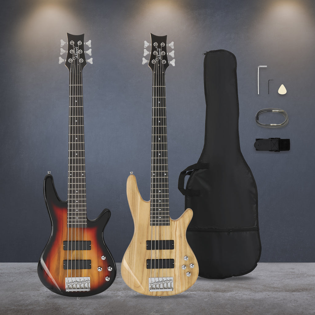 Full Size GIB 6 String H-H Pickup Electric Bass Guitar Bag Strap Pick Connector Wrench Tool Sunset Color