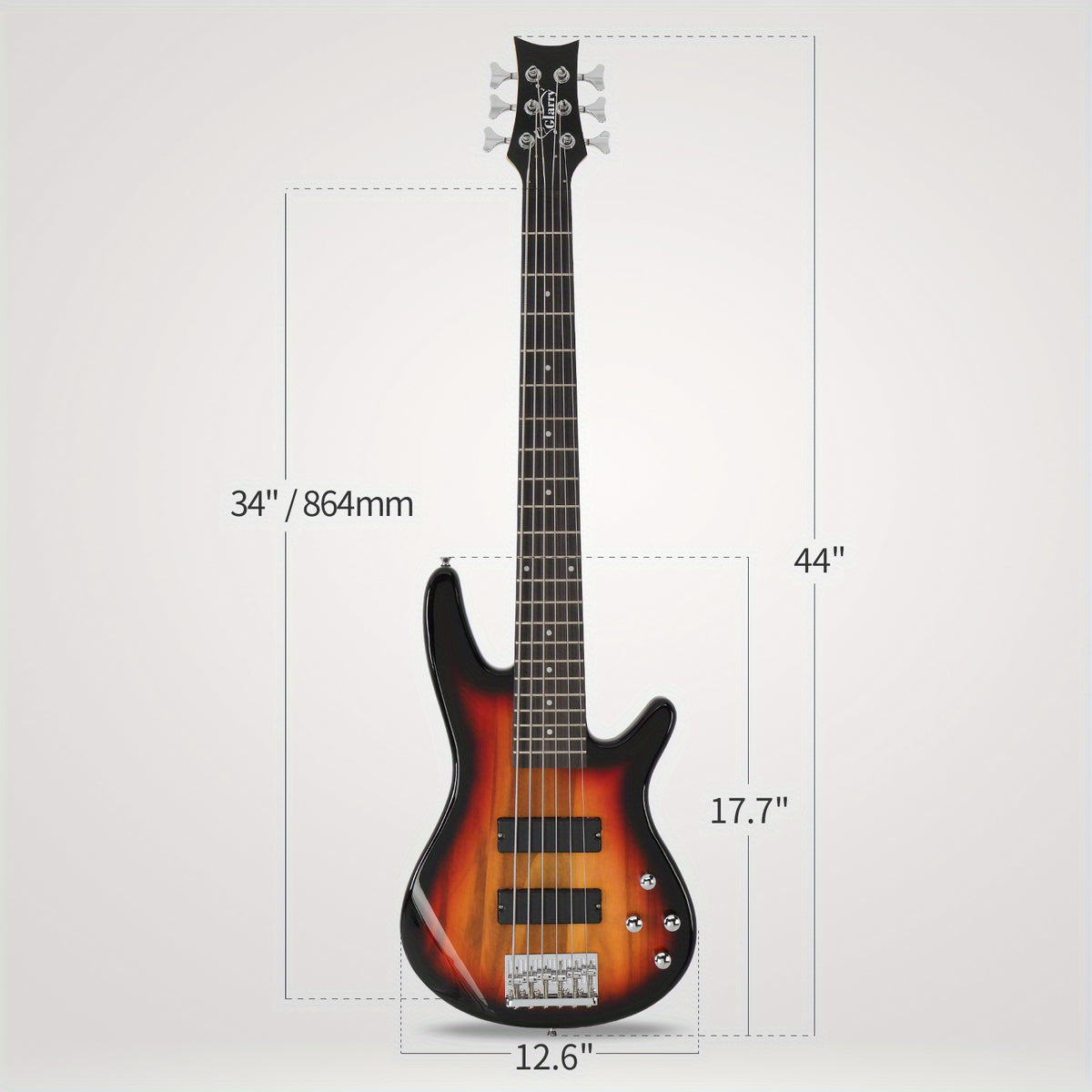Full Size GIB 6 String H-H Pickup Electric Bass Guitar Bag Strap Pick Connector Wrench Tool Sunset Color
