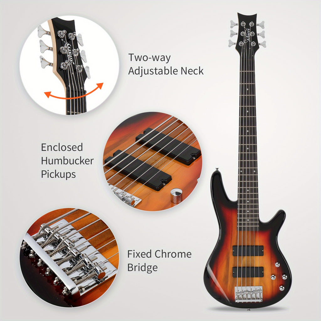 Full Size GIB 6 String H-H Pickup Electric Bass Guitar Bag Strap Pick Connector Wrench Tool Sunset Color