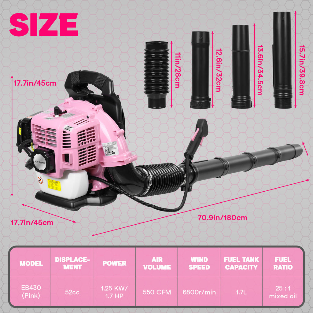 1pc Pink 52CC 2-Stroke Backpack Gas Leaf Blower, 550 CFM High Velocity Metal Blower for Lawn Care and Home Debris Removal, Manual Start, No Battery Required