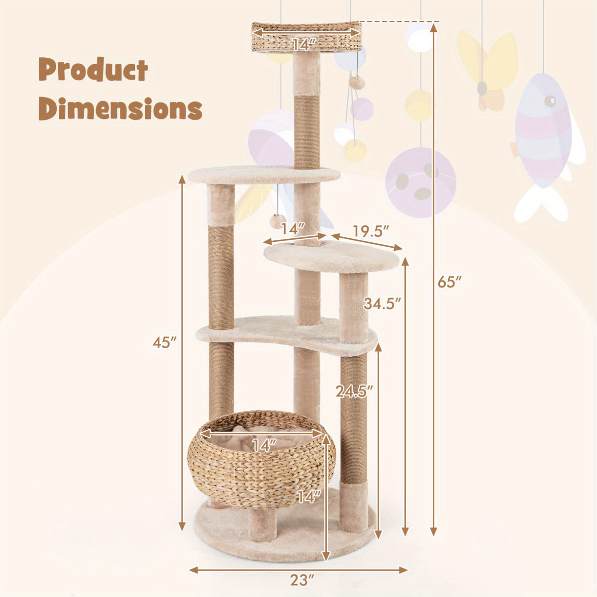 65" Multi-level Cat Tree, MULTIGOT Cat Tower with Jute Scratching Posts, Dangling Balls, Cattail Basket, Plush Condo, and Perch for Indoor Cats, Beige & Natural