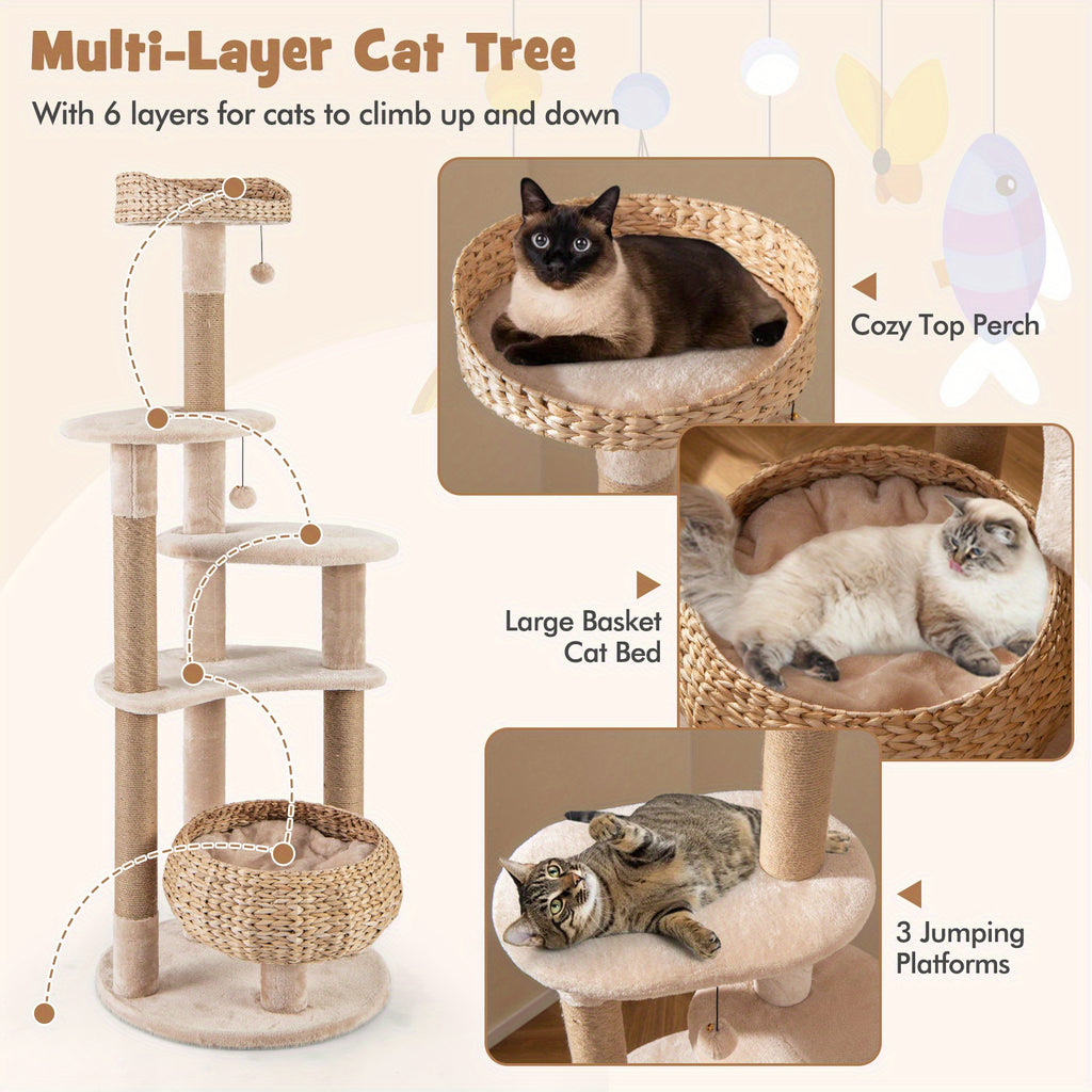 65" Multi-level Cat Tree, MULTIGOT Cat Tower with Jute Scratching Posts, Dangling Balls, Cattail Basket, Plush Condo, and Perch for Indoor Cats, Beige & Natural