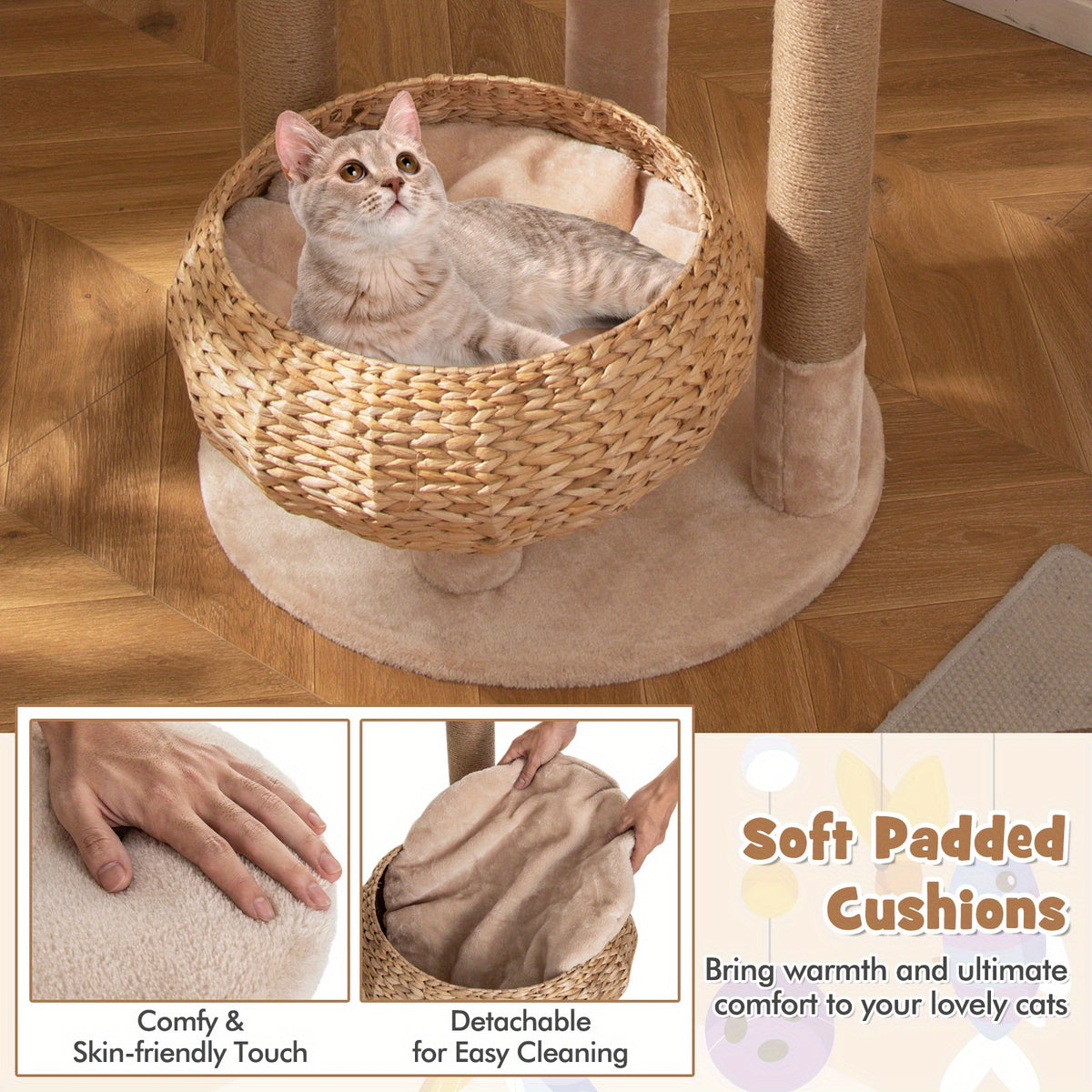 65" Multi-level Cat Tree, MULTIGOT Cat Tower with Jute Scratching Posts, Dangling Balls, Cattail Basket, Plush Condo, and Perch for Indoor Cats, Beige & Natural