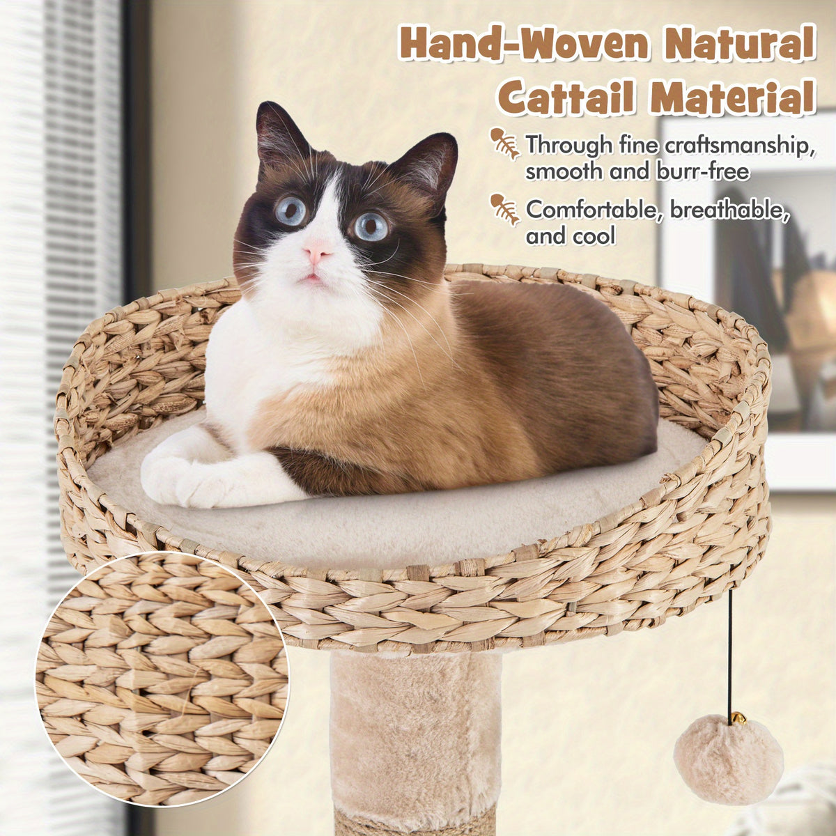 65" Multi-level Cat Tree, MULTIGOT Cat Tower with Jute Scratching Posts, Dangling Balls, Cattail Basket, Plush Condo, and Perch for Indoor Cats, Beige & Natural
