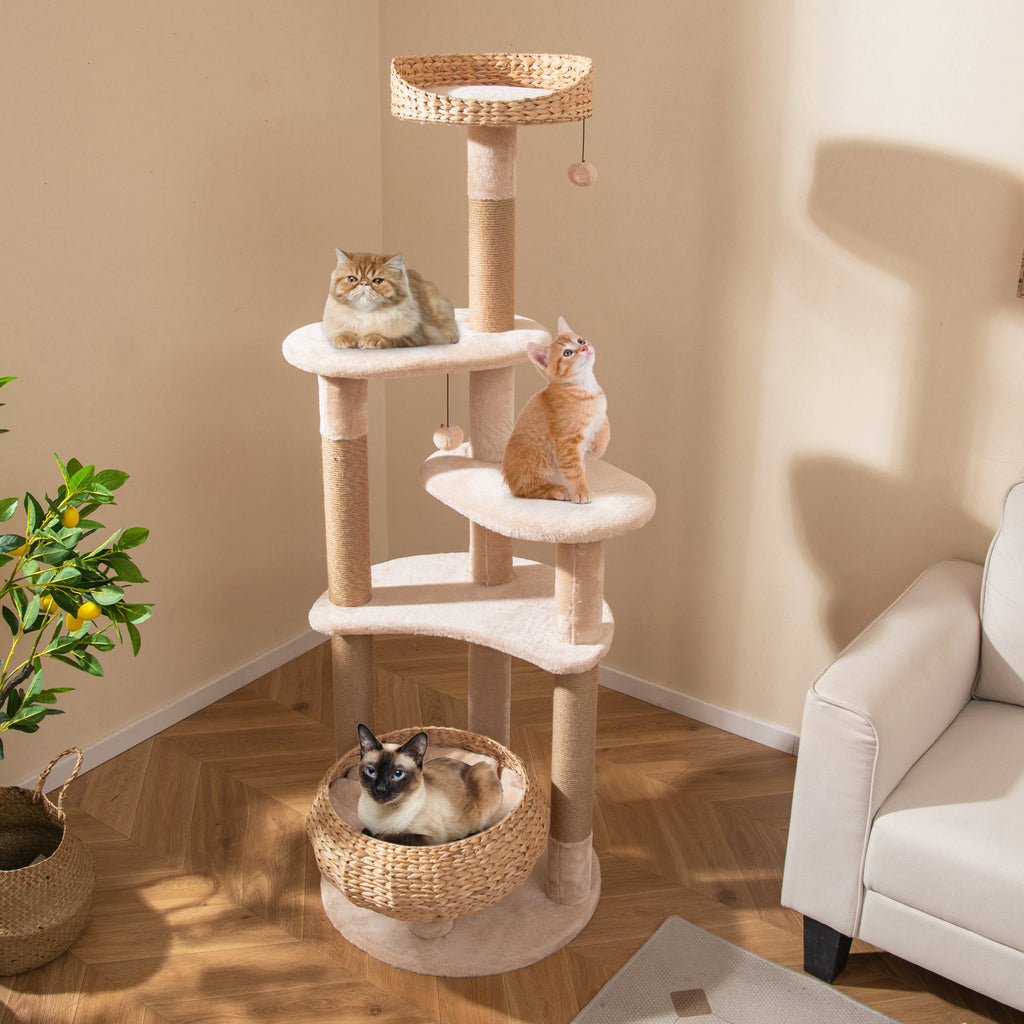 65" Multi-level Cat Tree, MULTIGOT Cat Tower with Jute Scratching Posts, Dangling Balls, Cattail Basket, Plush Condo, and Perch for Indoor Cats, Beige & Natural