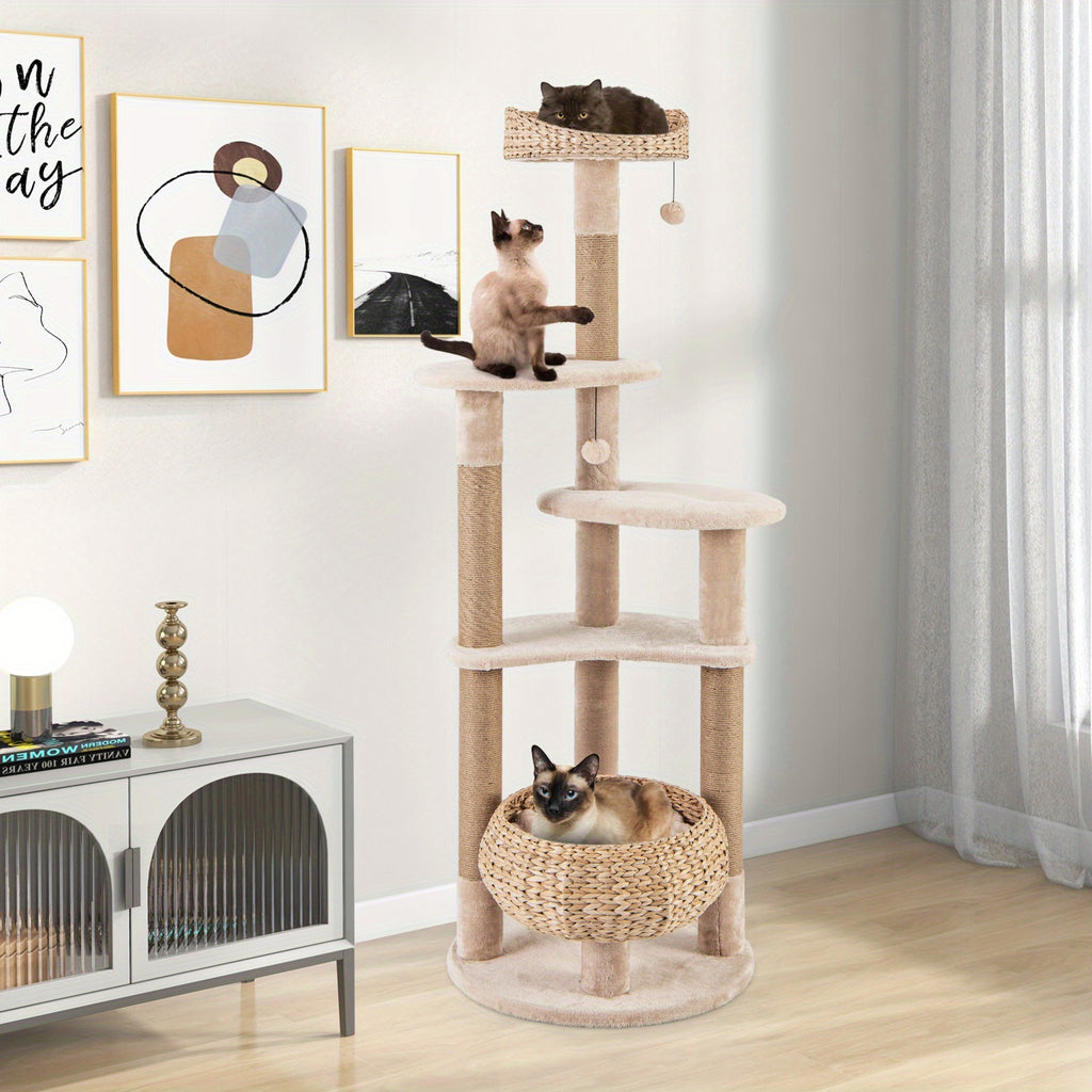 65" Multi-level Cat Tree, MULTIGOT Cat Tower with Jute Scratching Posts, Dangling Balls, Cattail Basket, Plush Condo, and Perch for Indoor Cats, Beige & Natural