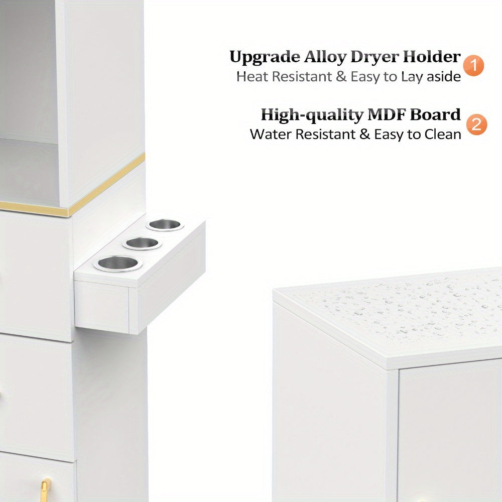 Hairdresser'S Salon Storage Station, Barber'S Hair Station, Beauty Salon Spa Equipment, with 2 Drawers, 2 Storage Cabinets, 6 Hair Dryer Holders, Suitable for Beauty Salon, Personal Studio, Hairdressing Shop) - Platinum