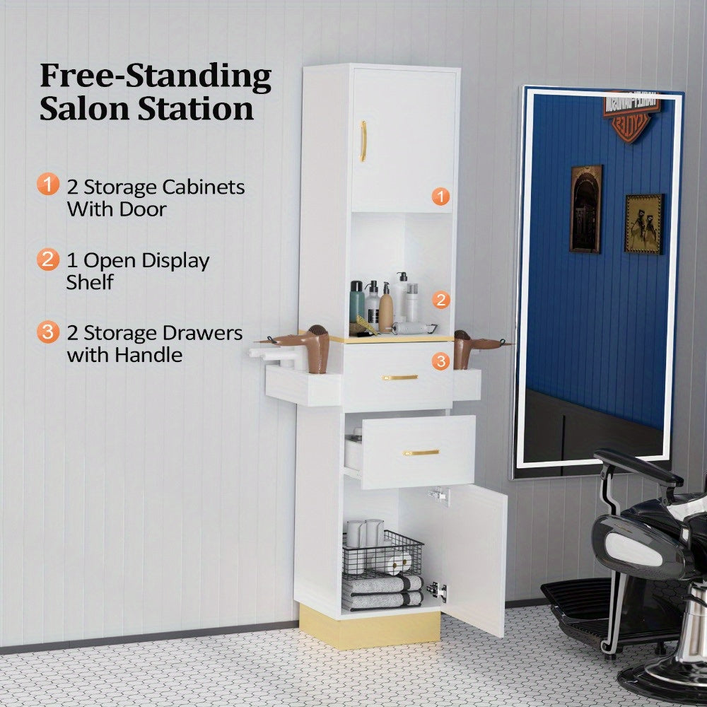 Hairdresser'S Salon Storage Station, Barber'S Hair Station, Beauty Salon Spa Equipment, with 2 Drawers, 2 Storage Cabinets, 6 Hair Dryer Holders, Suitable for Beauty Salon, Personal Studio, Hairdressing Shop) - Platinum