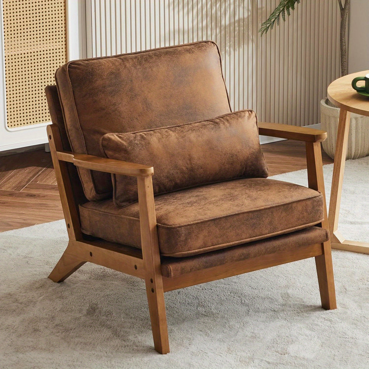 Accent Chair with Wide Armrests, Lumbar Pillow, And a Sturdy Wooden Frame, Perfect for The Living Room, Bedroom, Or Balcony