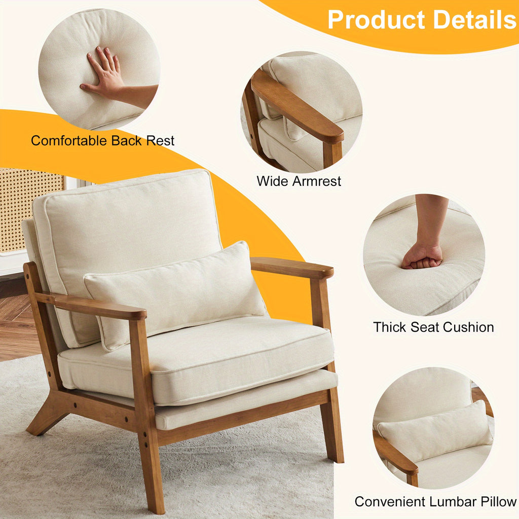 Accent Chair with Wide Armrests, Lumbar Pillow, And a Sturdy Wooden Frame, Perfect for The Living Room, Bedroom, Or Balcony