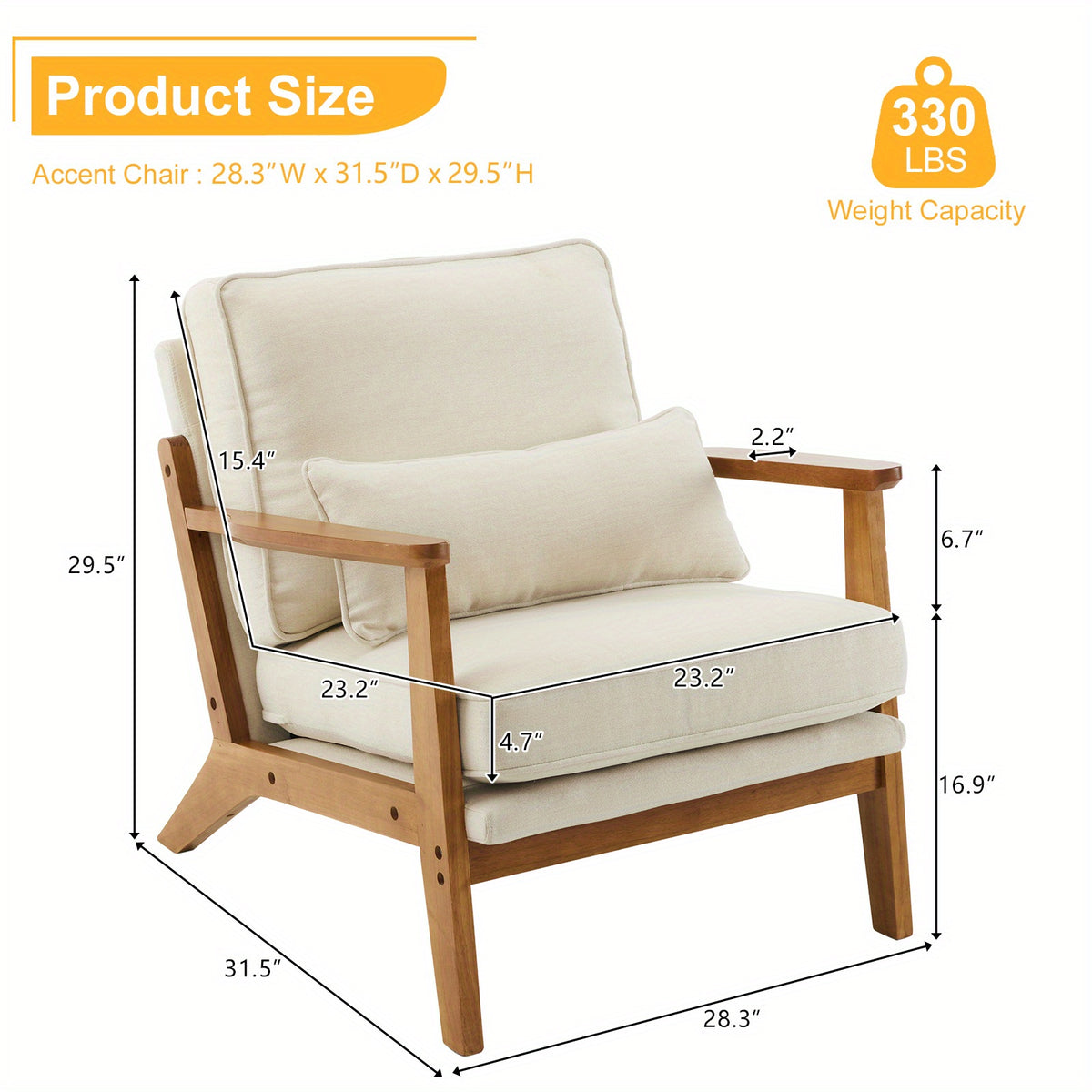 Accent Chair with Wide Armrests, Lumbar Pillow, And a Sturdy Wooden Frame, Perfect for The Living Room, Bedroom, Or Balcony