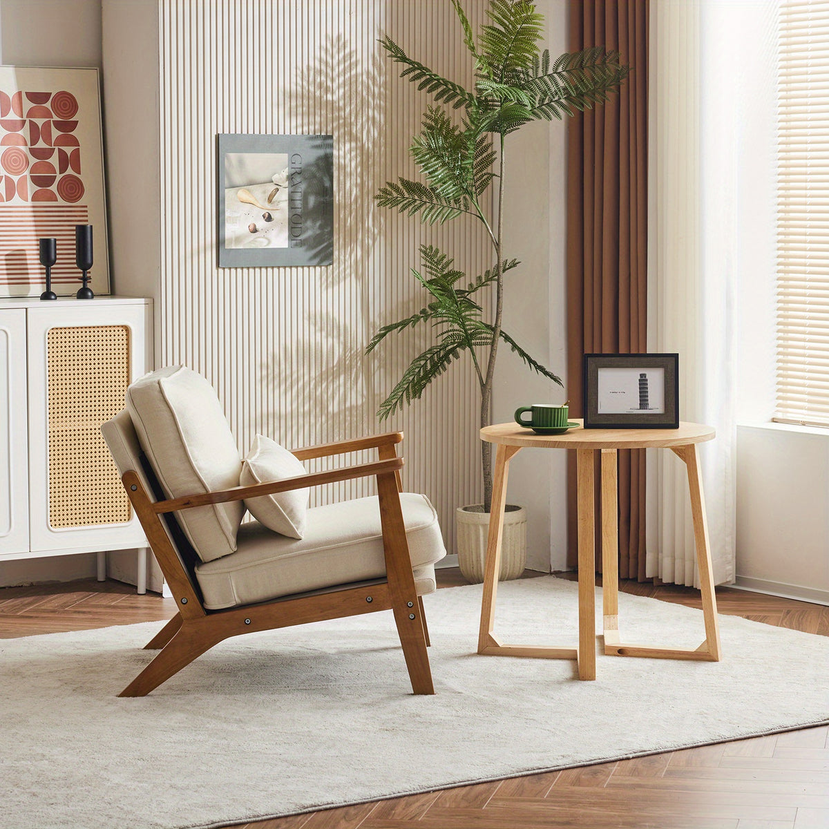 Accent Chair with Wide Armrests, Lumbar Pillow, And a Sturdy Wooden Frame, Perfect for The Living Room, Bedroom, Or Balcony