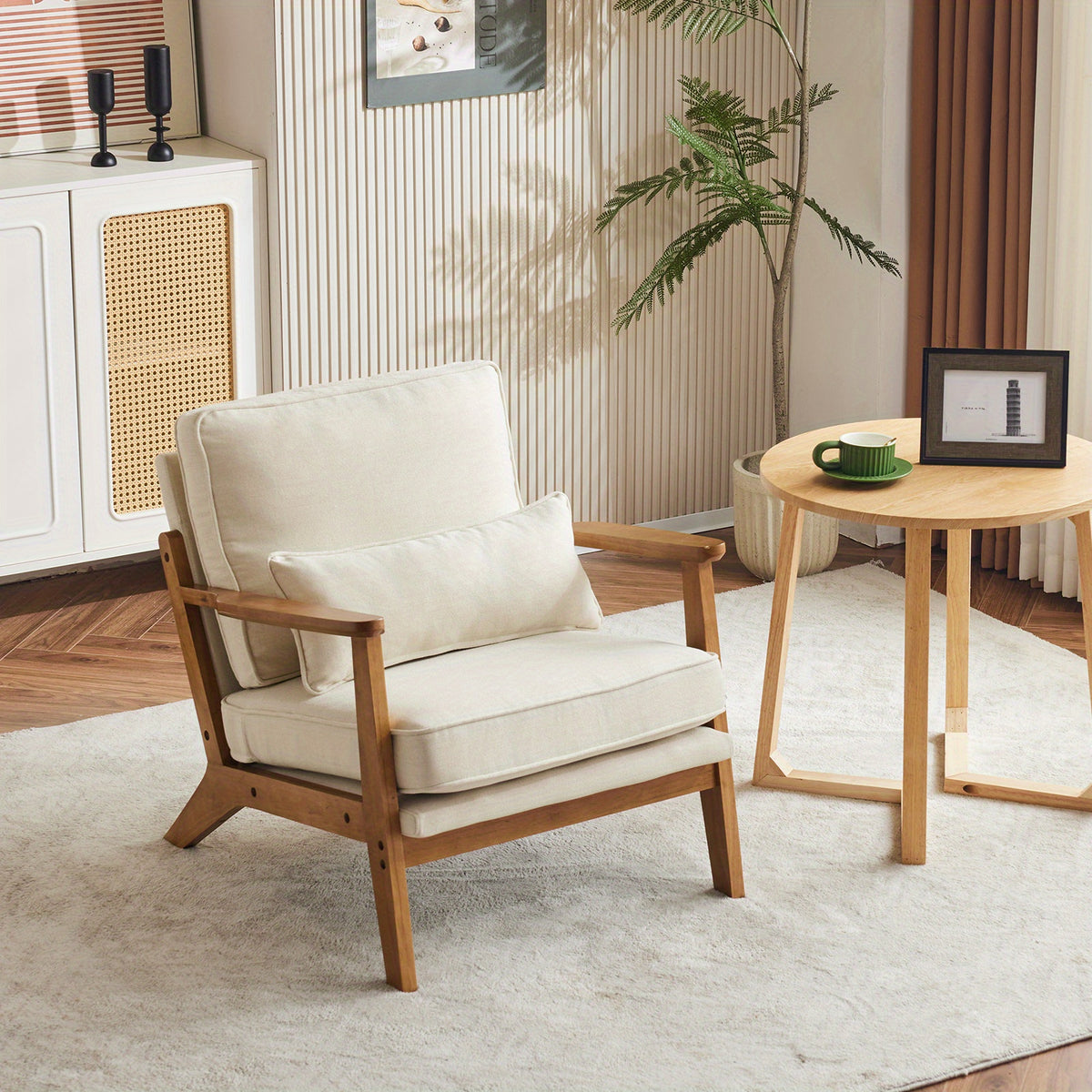 Accent Chair with Wide Armrests, Lumbar Pillow, And a Sturdy Wooden Frame, Perfect for The Living Room, Bedroom, Or Balcony