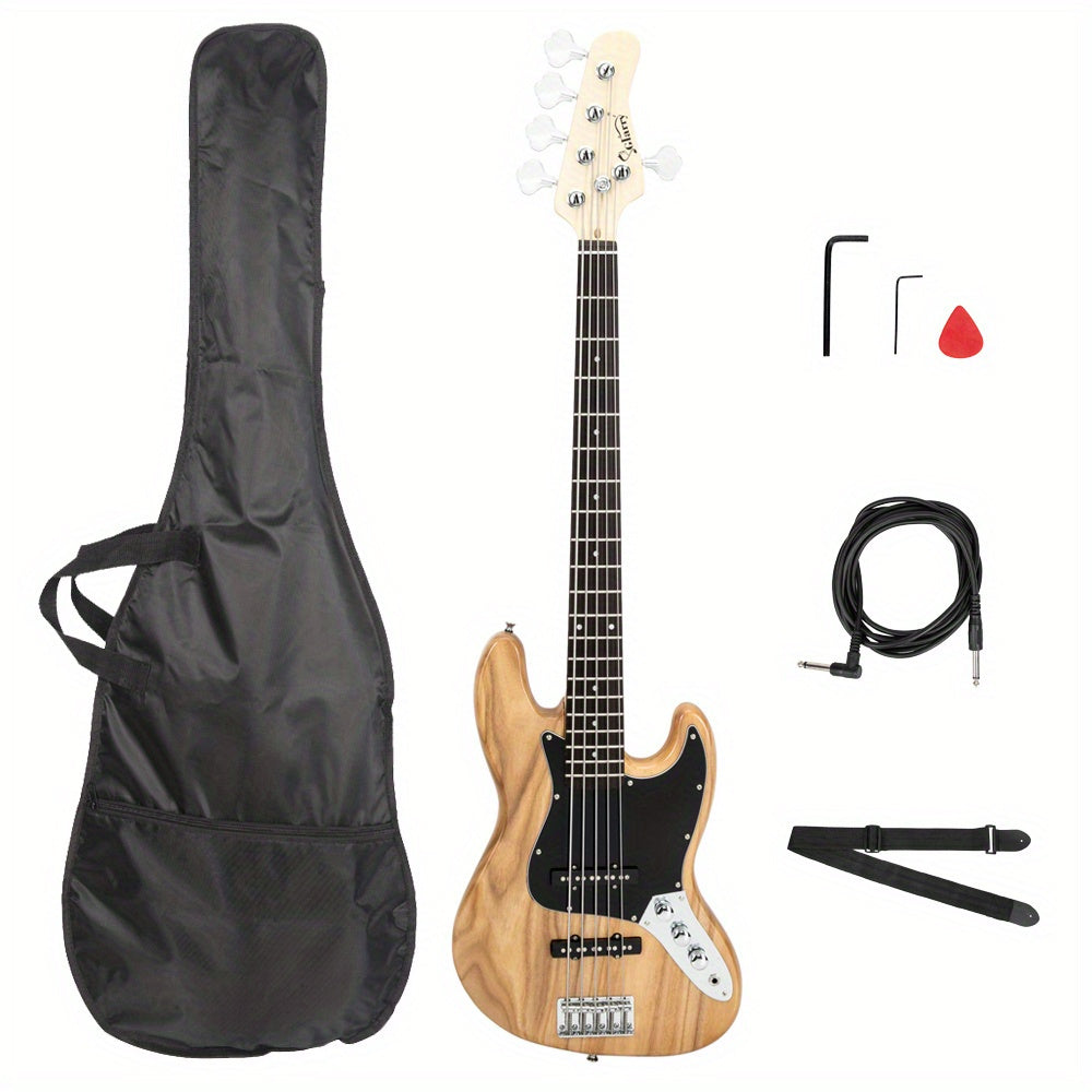 Complete Set: Full-Sized Gjazz Electric 5-String Bass Guitar in Burlywood, Including a , Strap, Pick, Connector, And Wrench Tool