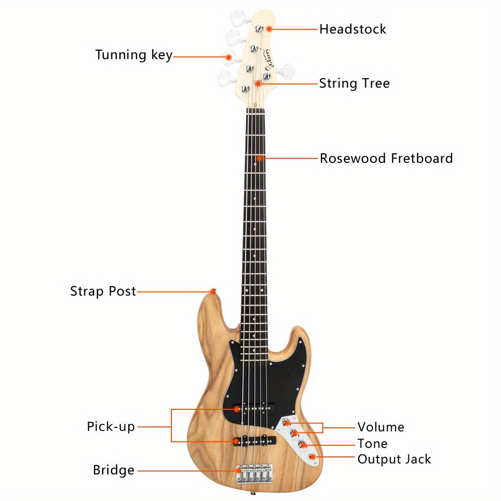Complete Set: Full-Sized Gjazz Electric 5-String Bass Guitar in Burlywood, Including a , Strap, Pick, Connector, And Wrench Tool
