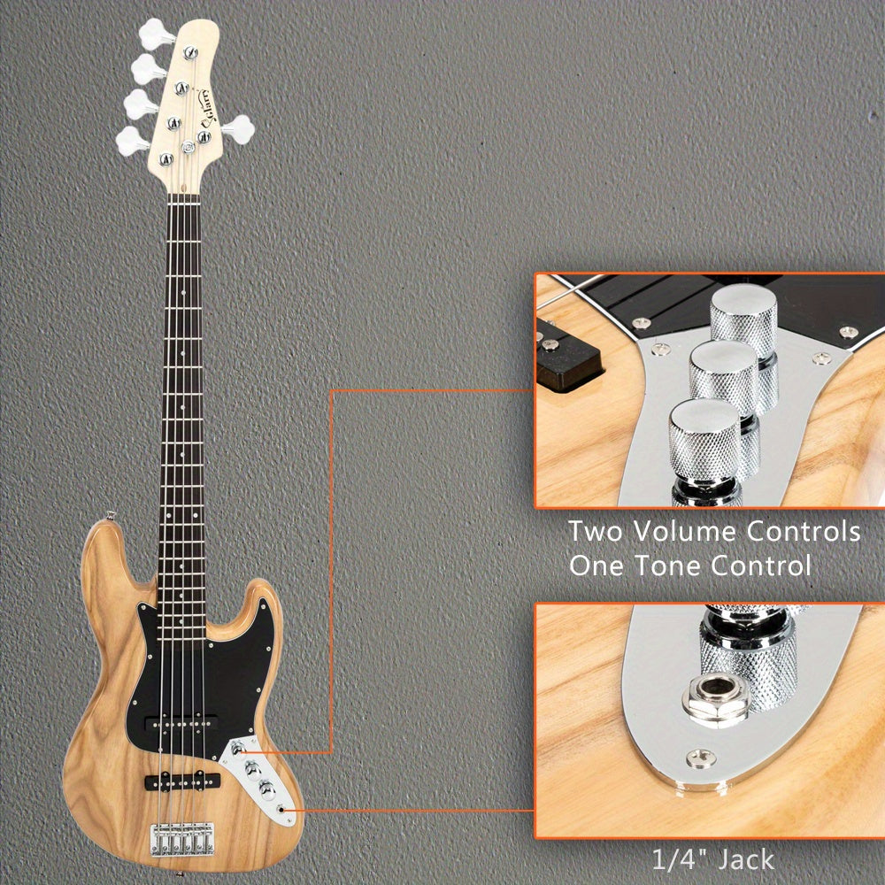 Complete Set: Full-Sized Gjazz Electric 5-String Bass Guitar in Burlywood, Including a , Strap, Pick, Connector, And Wrench Tool