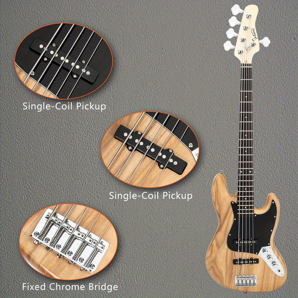 Complete Set: Full-Sized Gjazz Electric 5-String Bass Guitar in Burlywood, Including a , Strap, Pick, Connector, And Wrench Tool