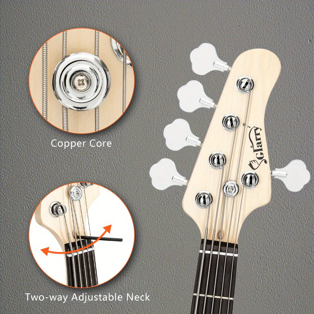 Complete Set: Full-Sized Gjazz Electric 5-String Bass Guitar in Burlywood, Including a , Strap, Pick, Connector, And Wrench Tool