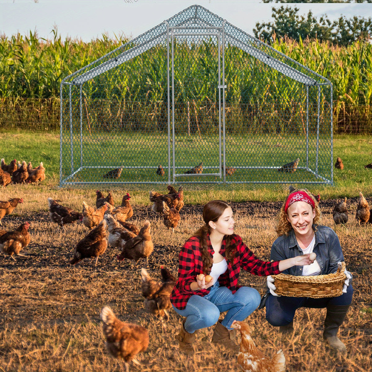 10 X 10ft Large Metal Chicken Coop, Walk-in Poultry Cage Chicken Hen Run House with Waterproof Cover, Rabbits Cats Dogs Farm Pen for Outdoor Backyard Farm Garden