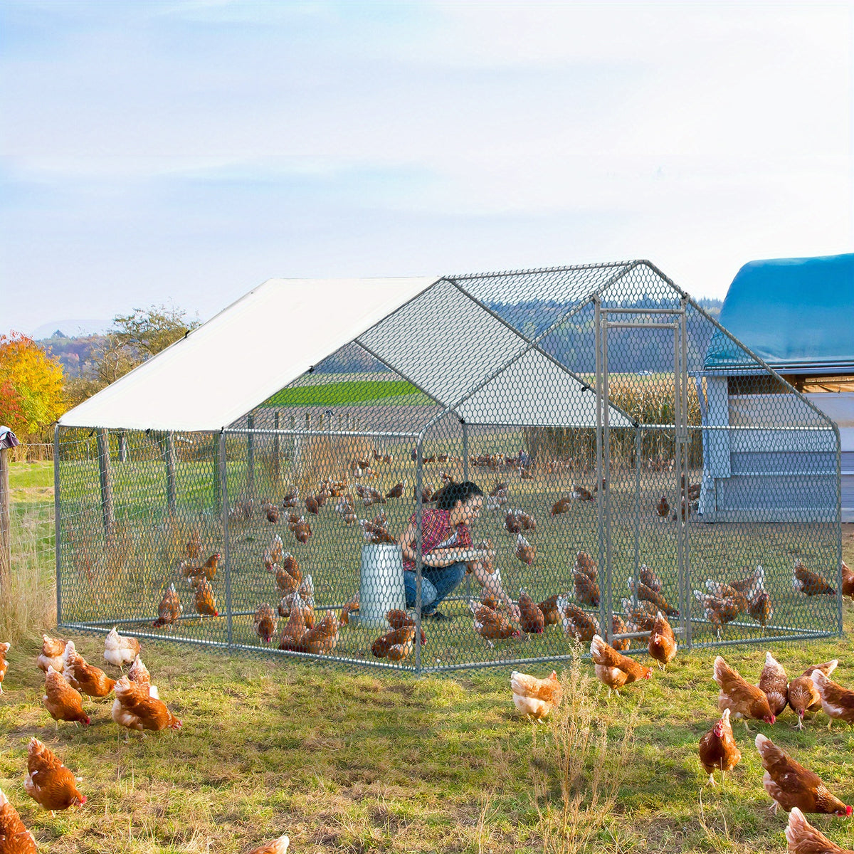 10 X 10ft Large Metal Chicken Coop, Walk-in Poultry Cage Chicken Hen Run House with Waterproof Cover, Rabbits Cats Dogs Farm Pen for Outdoor Backyard Farm Garden