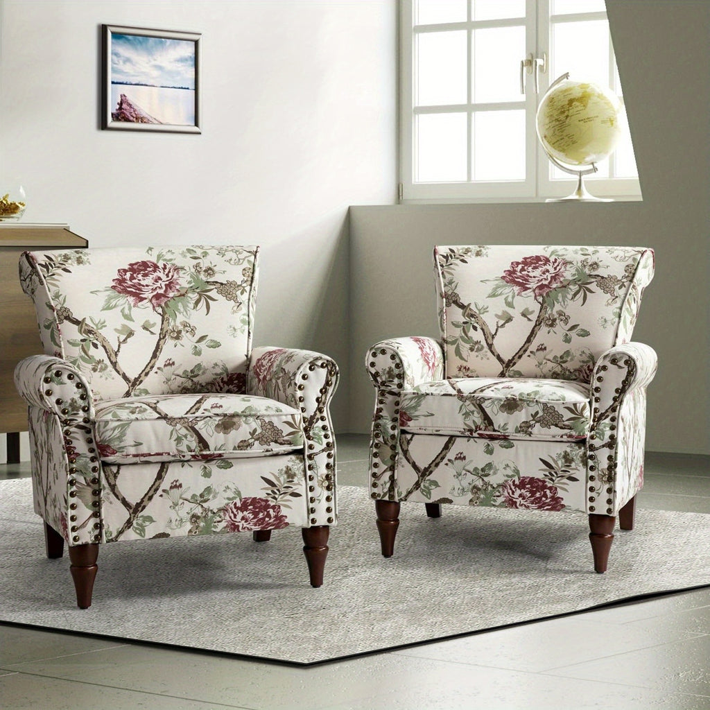 Modern Wingback Accent Chair with Wood Legs & Removable Cushion, Stadium Seats for Sports Fields, Sport Event, Comfy Upholstered Armchair with Nailhead Trim, Floral Pattern Sofa Chair for Bedroom Living Room, Floral