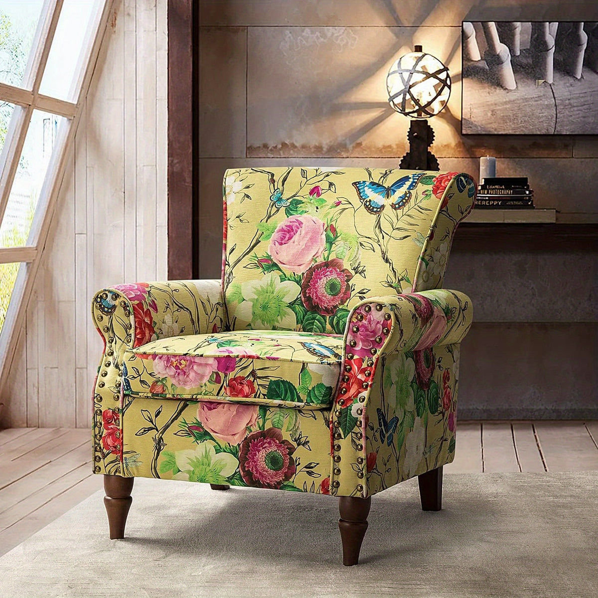 Modern Wingback Accent Chair with Wood Legs & Removable Cushion, Stadium Seats for Sports Fields, Sport Event, Comfy Upholstered Armchair with Nailhead Trim, Floral Pattern Sofa Chair for Bedroom Living Room, Floral
