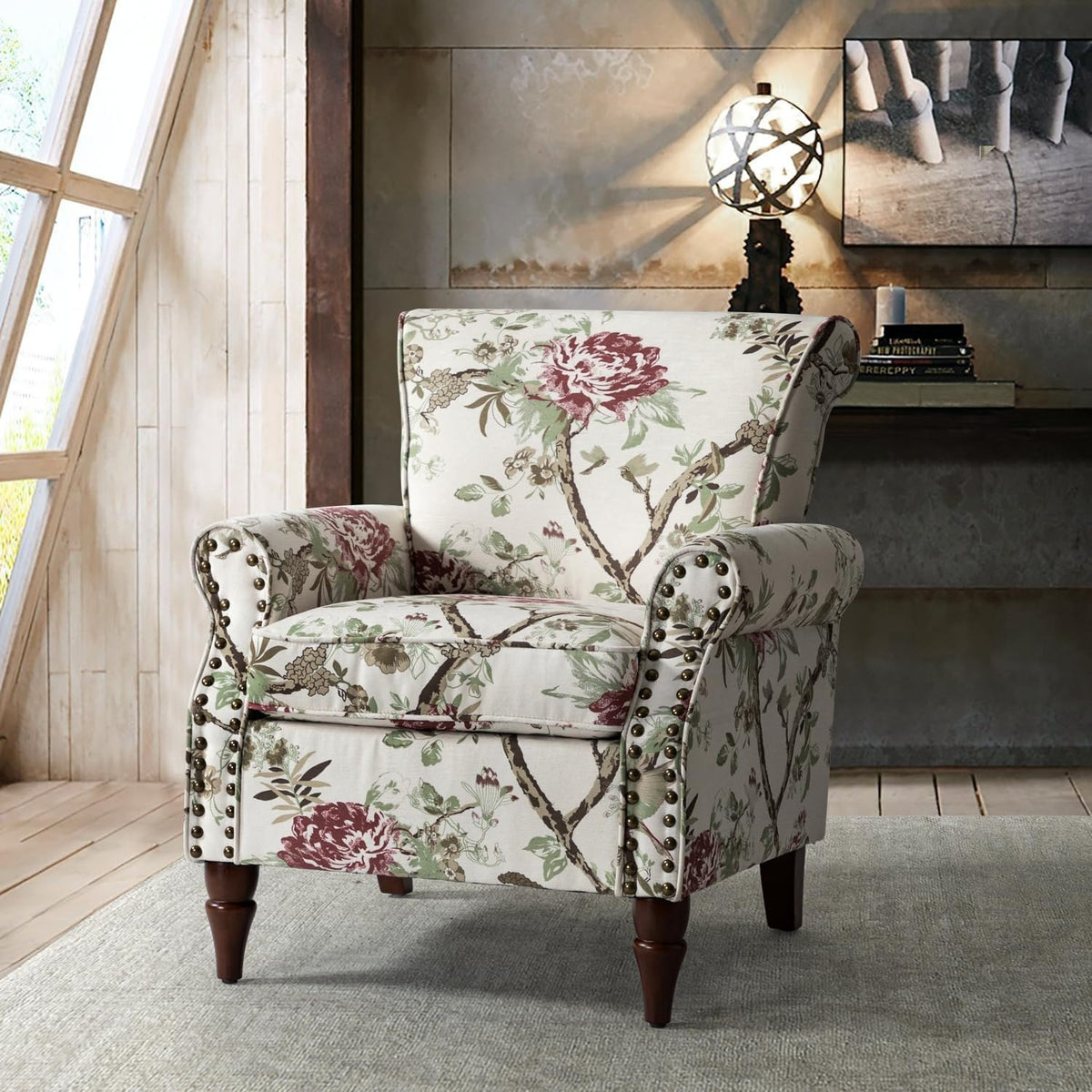Modern Wingback Accent Chair with Wood Legs & Removable Cushion, Stadium Seats for Sports Fields, Sport Event, Comfy Upholstered Armchair with Nailhead Trim, Floral Pattern Sofa Chair for Bedroom Living Room, Floral