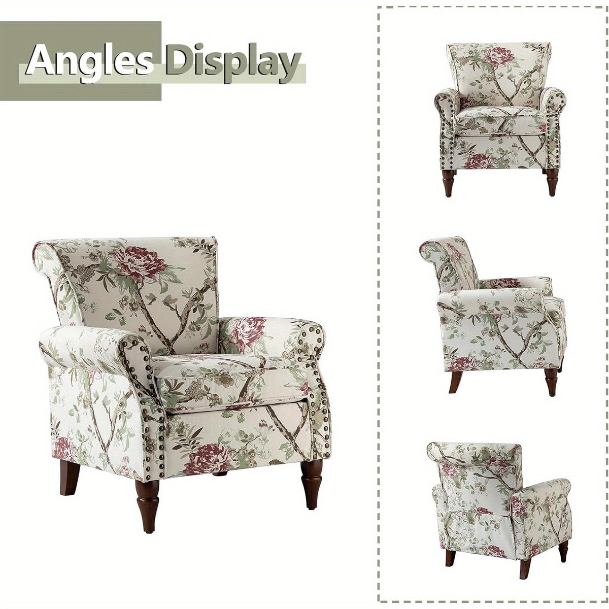 Modern Wingback Accent Chair with Wood Legs & Removable Cushion, Stadium Seats for Sports Fields, Sport Event, Comfy Upholstered Armchair with Nailhead Trim, Floral Pattern Sofa Chair for Bedroom Living Room, Floral