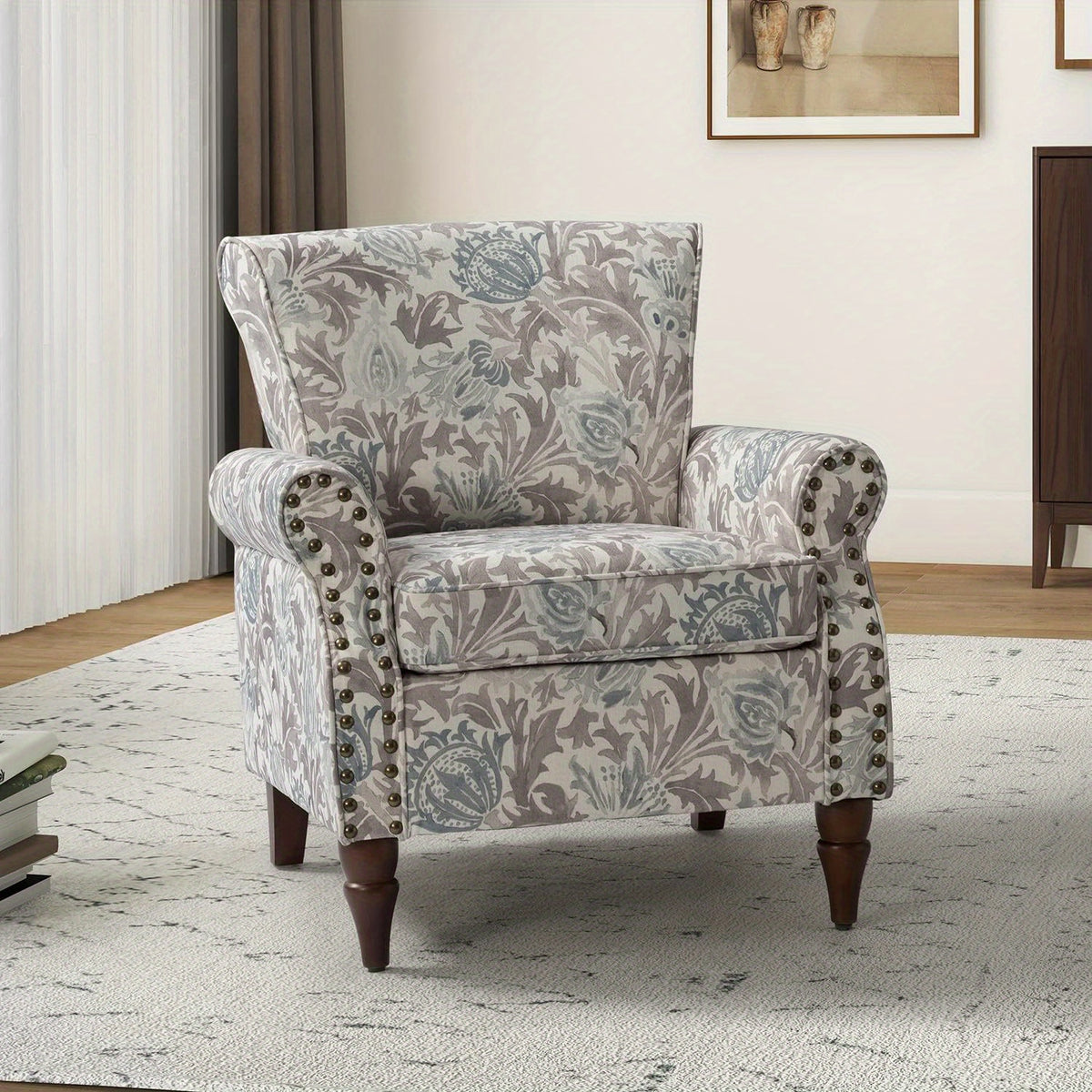 Modern Wingback Accent Chair with Wood Legs & Removable Cushion, Stadium Seats for Sports Fields, Sport Event, Comfy Upholstered Armchair with Nailhead Trim, Floral Pattern Sofa Chair for Bedroom Living Room, Floral