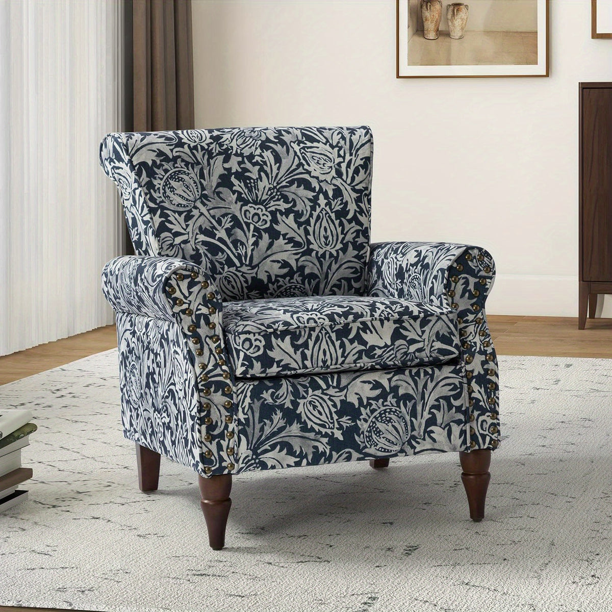 Modern Wingback Accent Chair with Wood Legs & Removable Cushion, Stadium Seats for Sports Fields, Sport Event, Comfy Upholstered Armchair with Nailhead Trim, Floral Pattern Sofa Chair for Bedroom Living Room, Floral