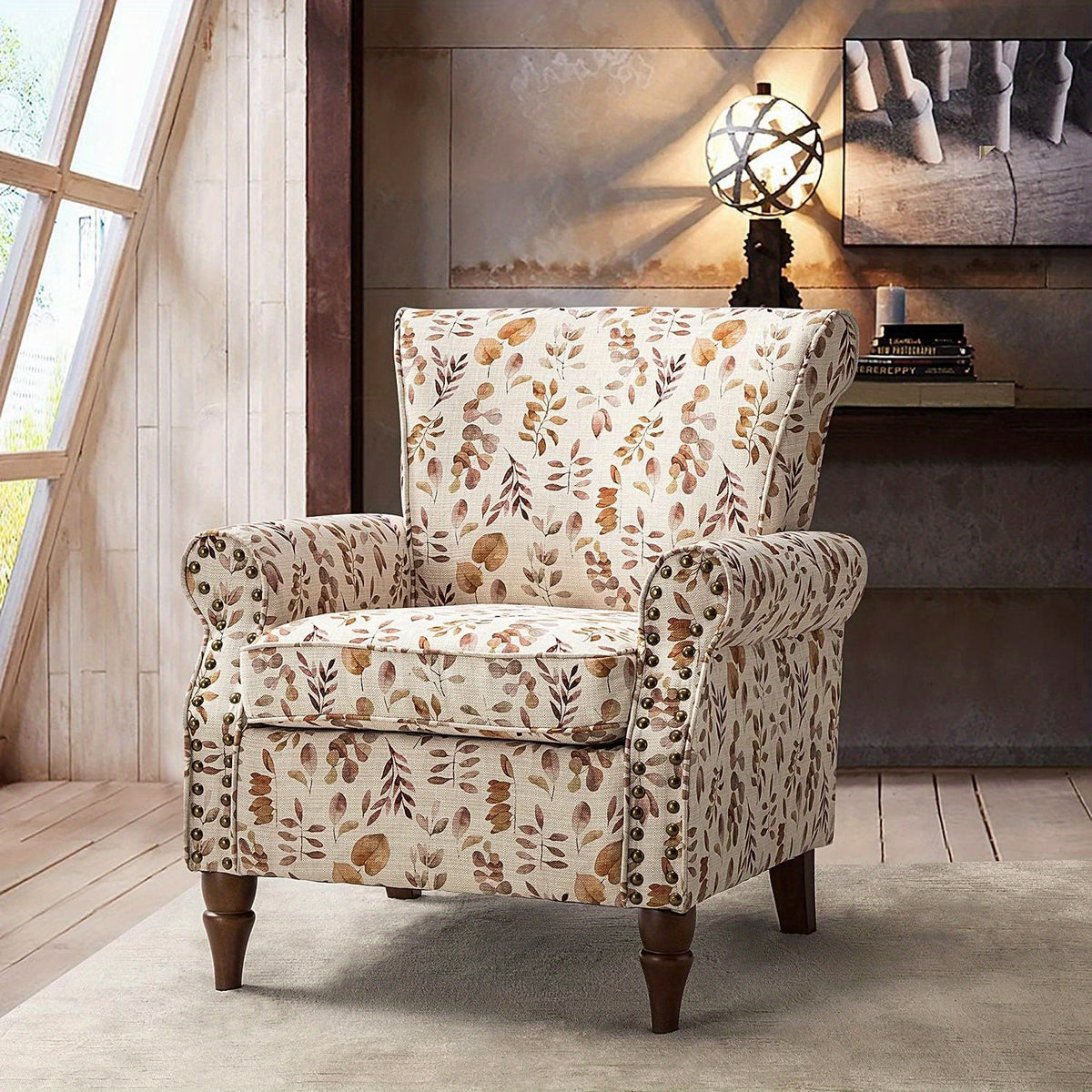 Modern Wingback Accent Chair with Wood Legs & Removable Cushion, Stadium Seats for Sports Fields, Sport Event, Comfy Upholstered Armchair with Nailhead Trim, Floral Pattern Sofa Chair for Bedroom Living Room, Floral