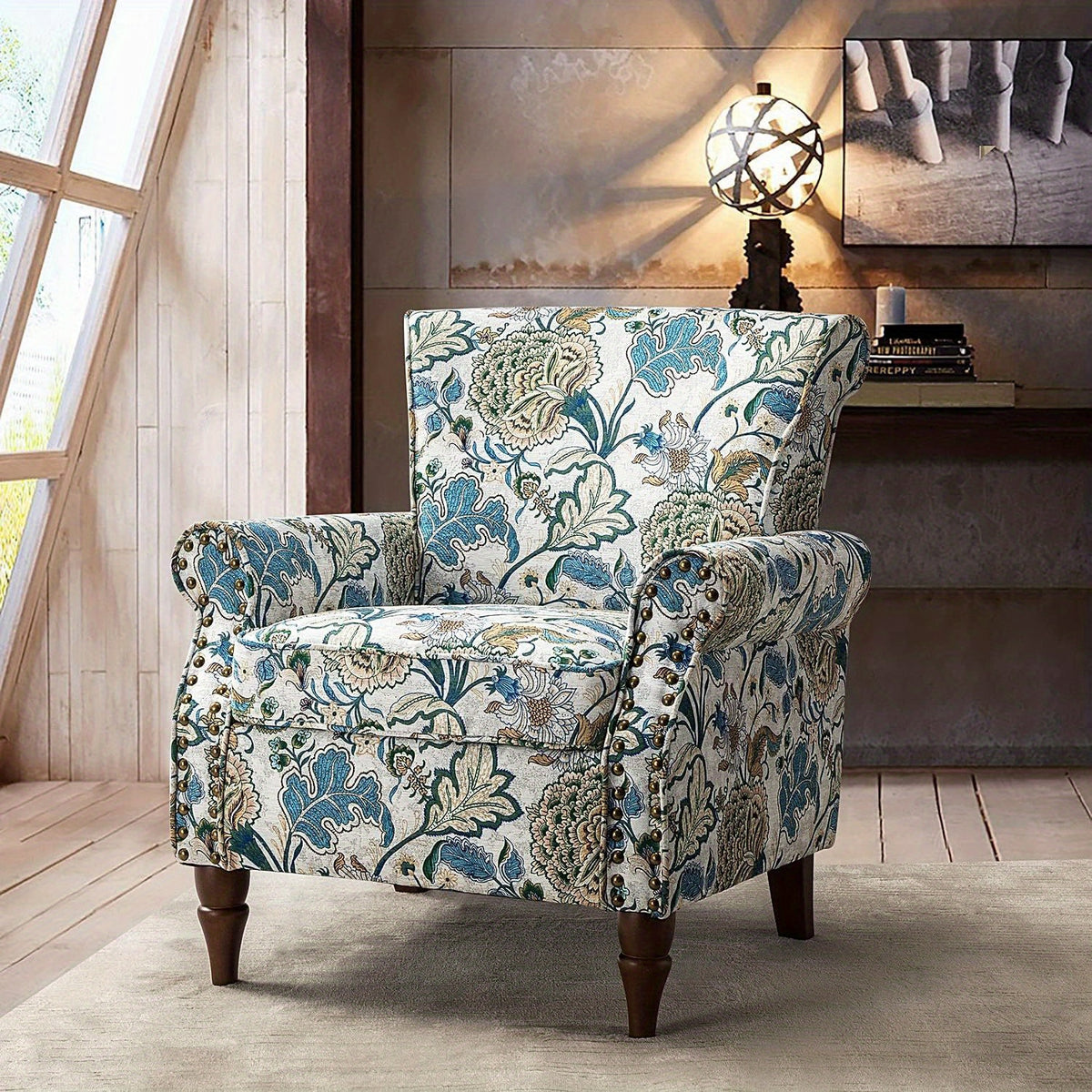 Modern Wingback Accent Chair with Wood Legs & Removable Cushion, Stadium Seats for Sports Fields, Sport Event, Comfy Upholstered Armchair with Nailhead Trim, Floral Pattern Sofa Chair for Bedroom Living Room, Floral