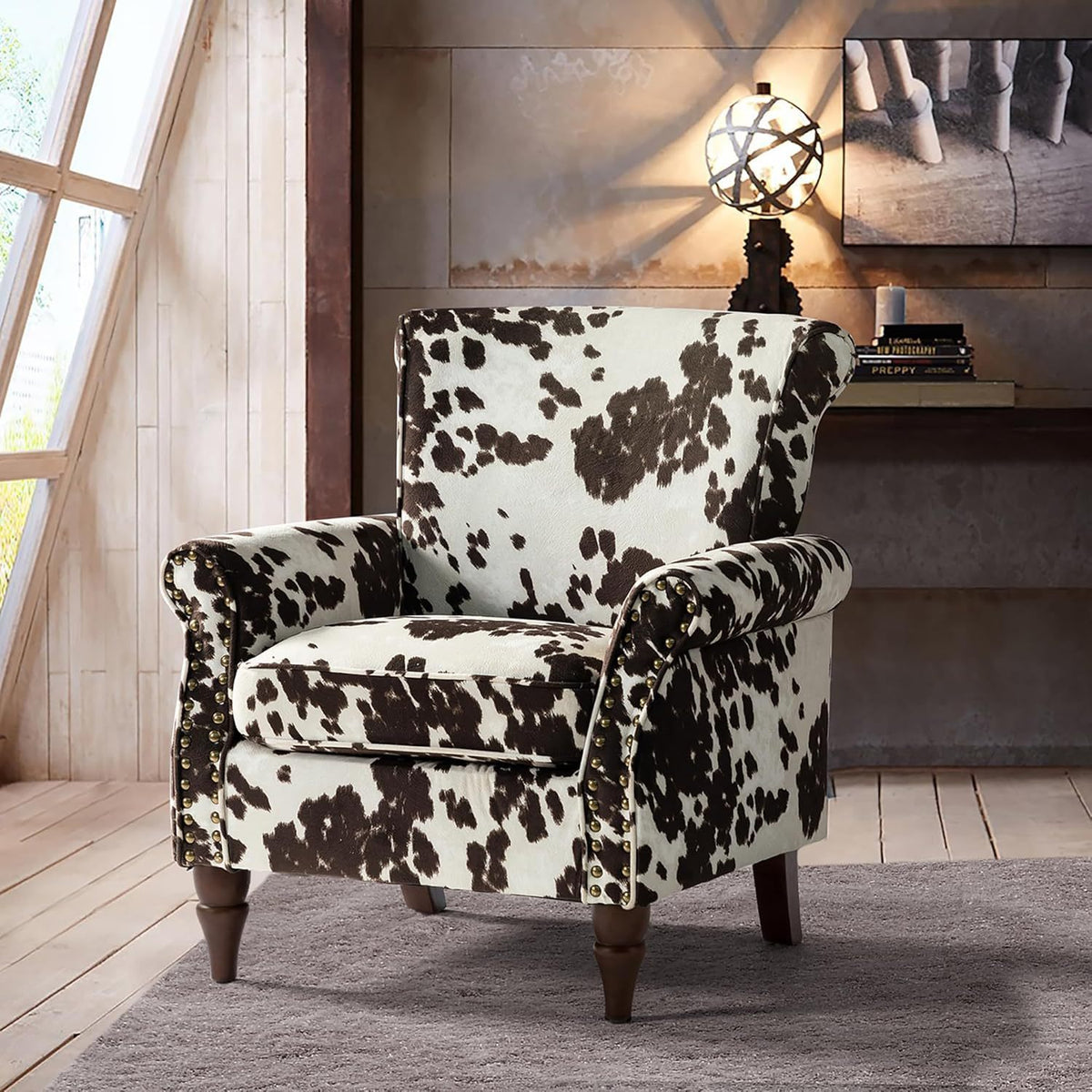 Modern Wingback Accent Chair with Wood Legs & Removable Cushion, Stadium Seats for Sports Fields, Sport Event, Comfy Upholstered Armchair with Nailhead Trim, Floral Pattern Sofa Chair for Bedroom Living Room, Floral