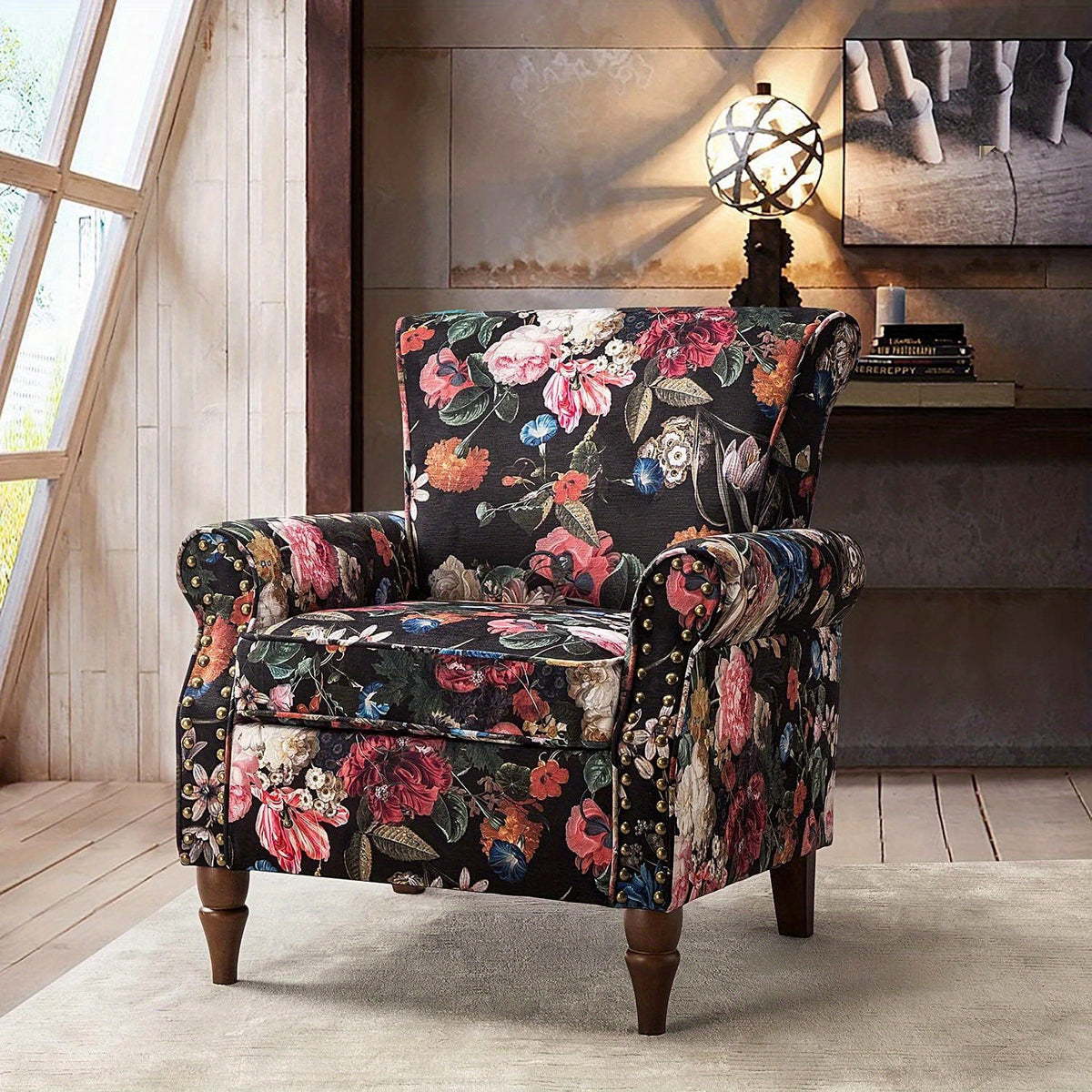 Modern Wingback Accent Chair with Wood Legs & Removable Cushion, Stadium Seats for Sports Fields, Sport Event, Comfy Upholstered Armchair with Nailhead Trim, Floral Pattern Sofa Chair for Bedroom Living Room, Floral