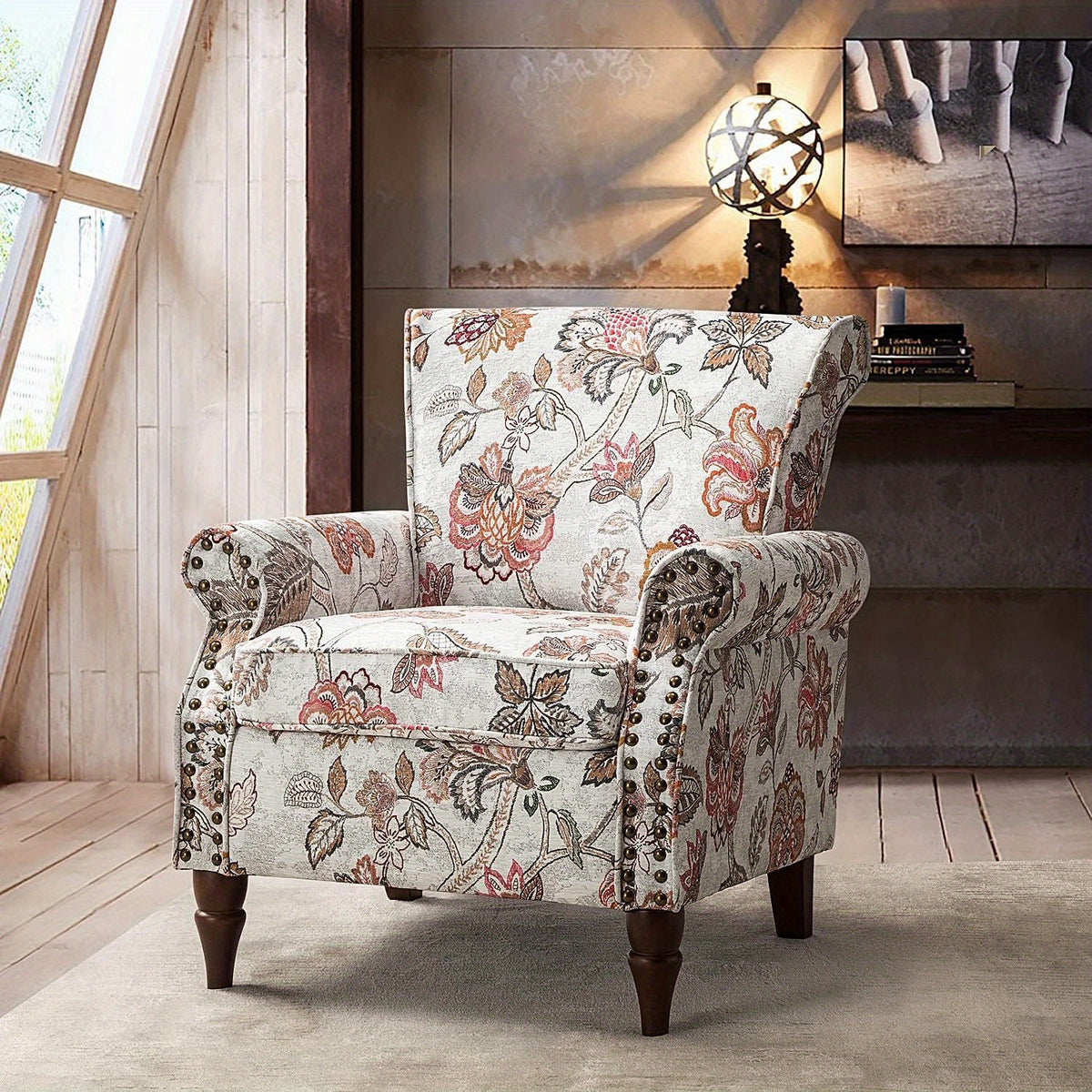 Modern Wingback Accent Chair with Wood Legs & Removable Cushion, Stadium Seats for Sports Fields, Sport Event, Comfy Upholstered Armchair with Nailhead Trim, Floral Pattern Sofa Chair for Bedroom Living Room, Floral