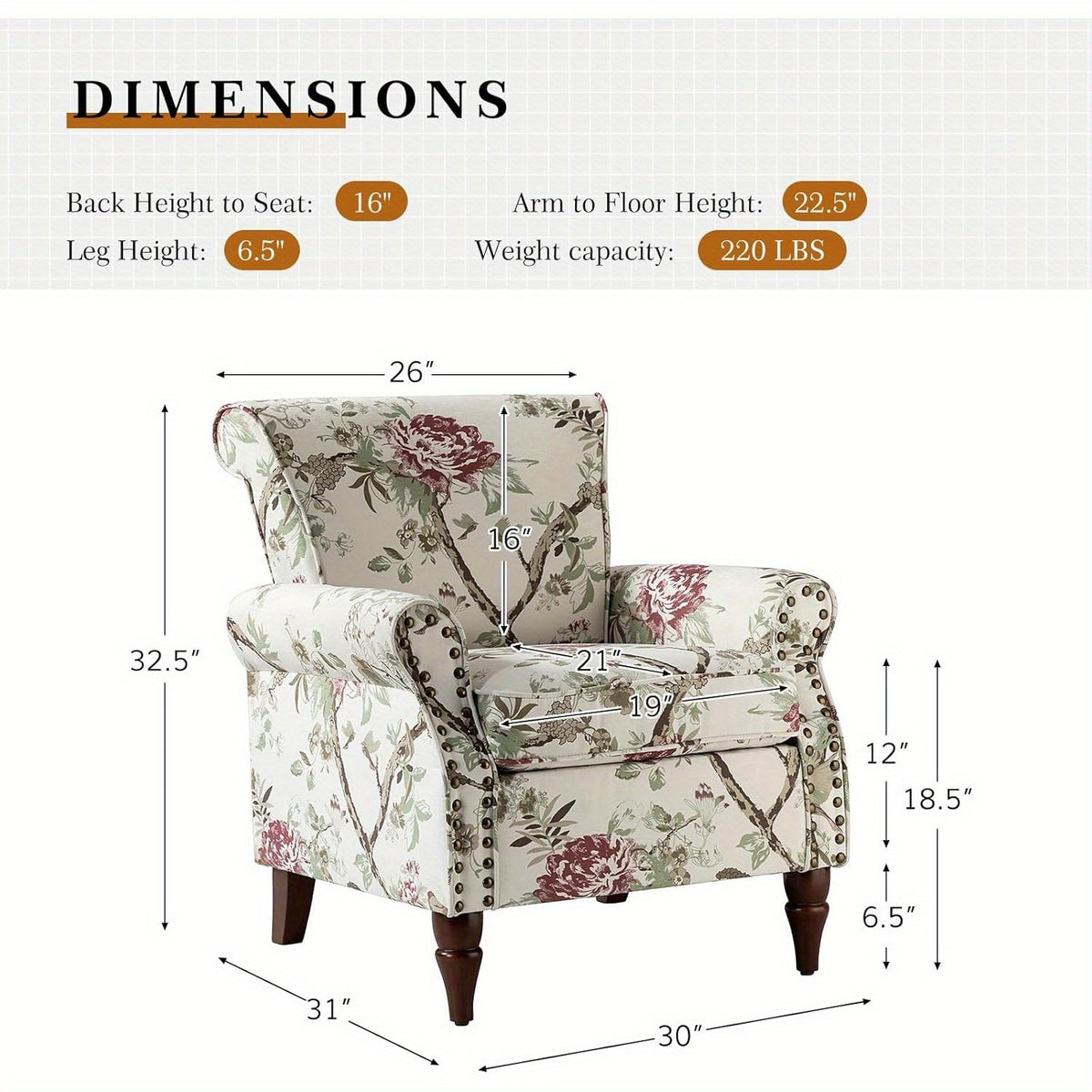 Modern Wingback Accent Chair with Wood Legs & Removable Cushion, Stadium Seats for Sports Fields, Sport Event, Comfy Upholstered Armchair with Nailhead Trim, Floral Pattern Sofa Chair for Bedroom Living Room, Floral