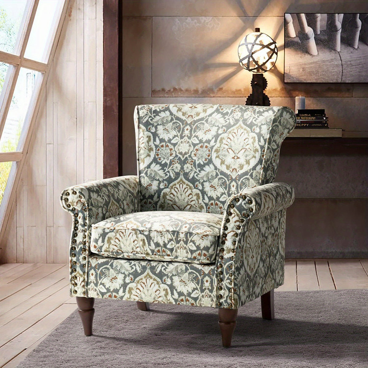 Modern Wingback Accent Chair with Wood Legs & Removable Cushion, Stadium Seats for Sports Fields, Sport Event, Comfy Upholstered Armchair with Nailhead Trim, Floral Pattern Sofa Chair for Bedroom Living Room, Floral