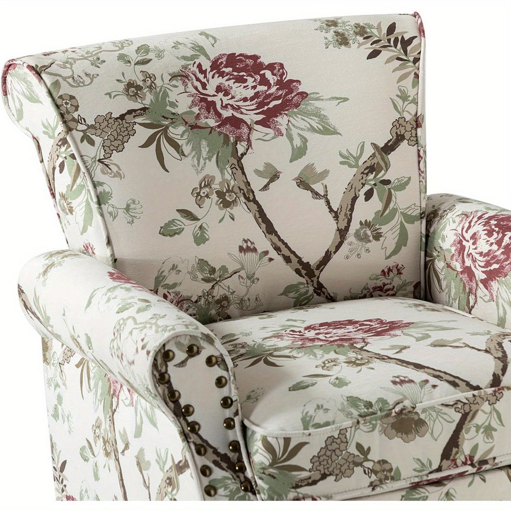 Modern Wingback Accent Chair with Wood Legs & Removable Cushion, Stadium Seats for Sports Fields, Sport Event, Comfy Upholstered Armchair with Nailhead Trim, Floral Pattern Sofa Chair for Bedroom Living Room, Floral
