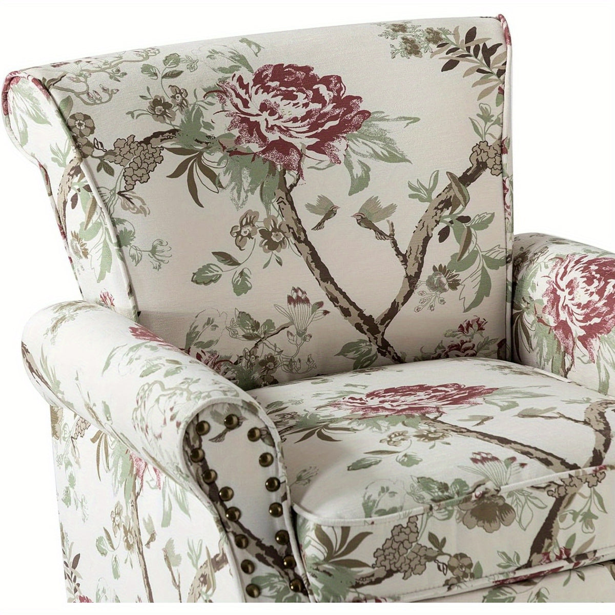Modern Wingback Accent Chair with Wood Legs & Removable Cushion, Stadium Seats for Sports Fields, Sport Event, Comfy Upholstered Armchair with Nailhead Trim, Floral Pattern Sofa Chair for Bedroom Living Room, Floral