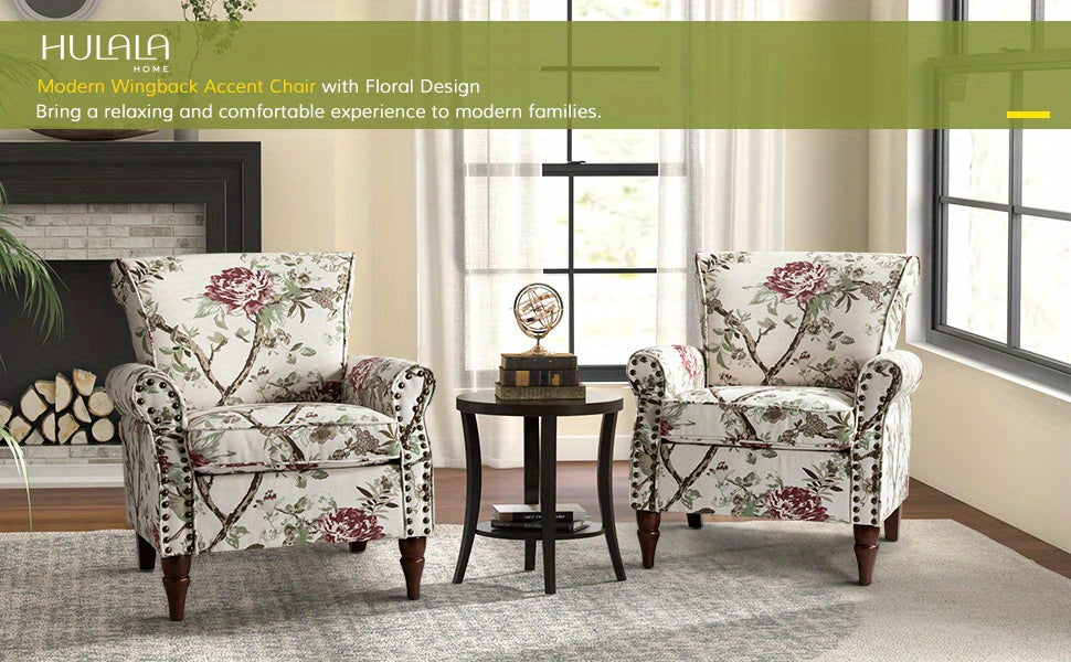Modern Wingback Accent Chair with Wood Legs & Removable Cushion, Stadium Seats for Sports Fields, Sport Event, Comfy Upholstered Armchair with Nailhead Trim, Floral Pattern Sofa Chair for Bedroom Living Room, Floral