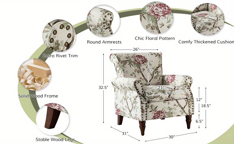 Modern Wingback Accent Chair with Wood Legs & Removable Cushion, Stadium Seats for Sports Fields, Sport Event, Comfy Upholstered Armchair with Nailhead Trim, Floral Pattern Sofa Chair for Bedroom Living Room, Floral