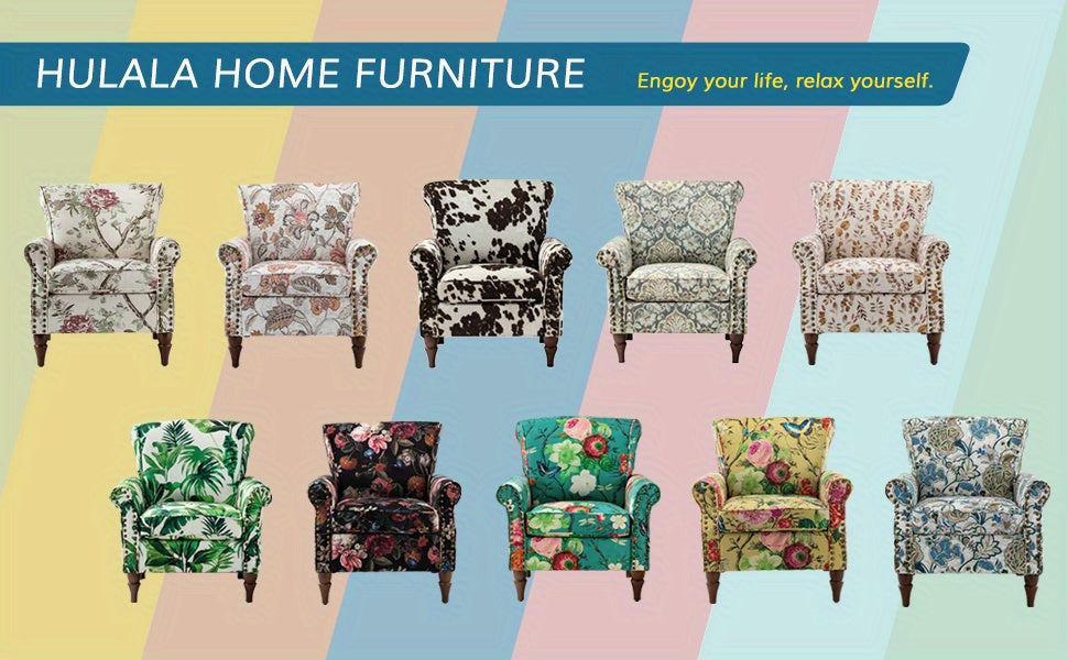 Modern Wingback Accent Chair with Wood Legs & Removable Cushion, Stadium Seats for Sports Fields, Sport Event, Comfy Upholstered Armchair with Nailhead Trim, Floral Pattern Sofa Chair for Bedroom Living Room, Floral