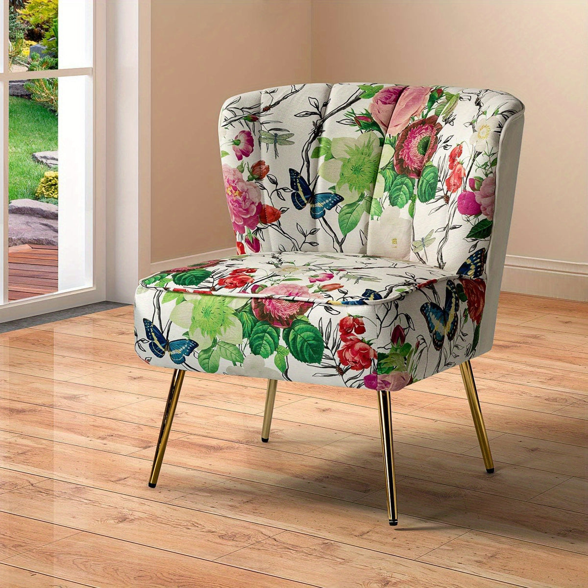Accent Chair with Golden Metal Legs, Comfy Tufted Wingback Living Room Chair Floral Fabric Small Armless Side Chair, Upholstered Slipper Chair for Bedroom, Stadium Seats for Sports Fields, Sport Event, Reading Room (Flower Print)