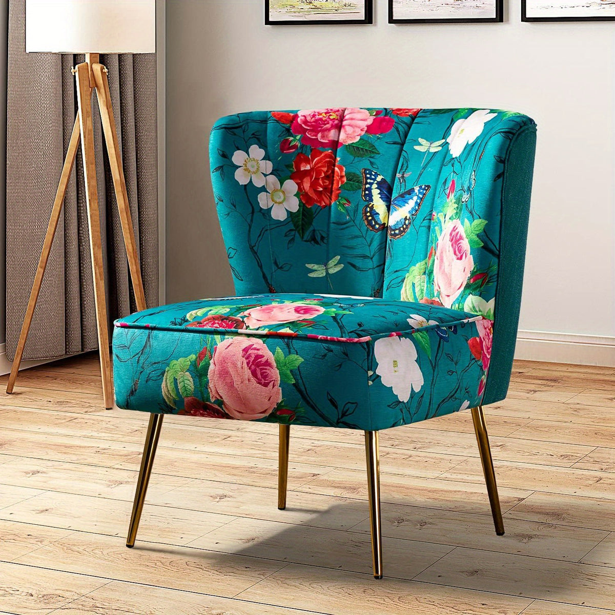 Accent Chair with Golden Metal Legs, Comfy Tufted Wingback Living Room Chair Floral Fabric Small Armless Side Chair, Upholstered Slipper Chair for Bedroom, Stadium Seats for Sports Fields, Sport Event, Reading Room (Flower Print)