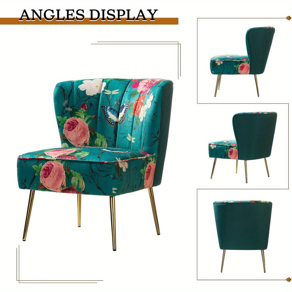 Accent Chair with Golden Metal Legs, Comfy Tufted Wingback Living Room Chair Floral Fabric Small Armless Side Chair, Upholstered Slipper Chair for Bedroom, Stadium Seats for Sports Fields, Sport Event, Reading Room (Flower Print)