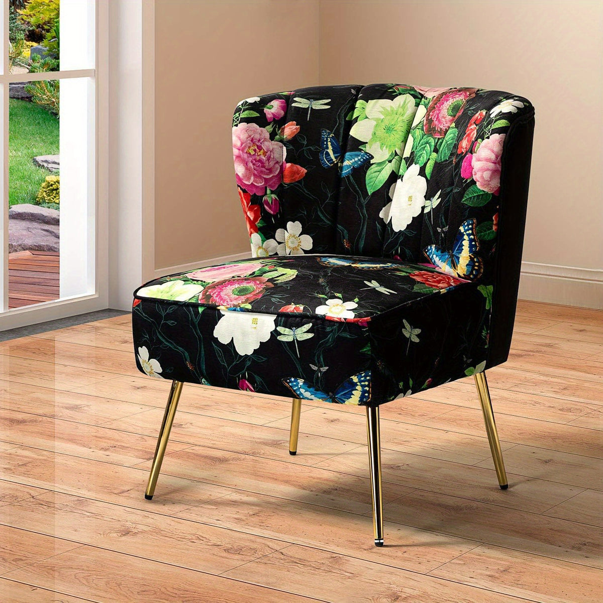 Accent Chair with Golden Metal Legs, Comfy Tufted Wingback Living Room Chair Floral Fabric Small Armless Side Chair, Upholstered Slipper Chair for Bedroom, Stadium Seats for Sports Fields, Sport Event, Reading Room (Flower Print)