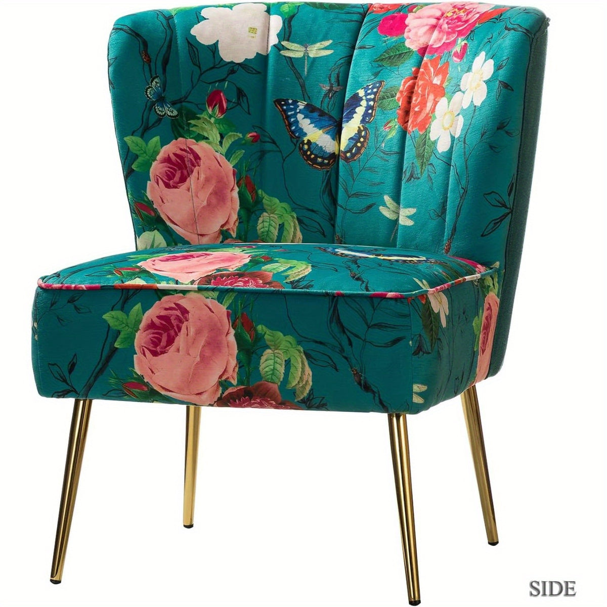 Accent Chair with Golden Metal Legs, Comfy Tufted Wingback Living Room Chair Floral Fabric Small Armless Side Chair, Upholstered Slipper Chair for Bedroom, Stadium Seats for Sports Fields, Sport Event, Reading Room (Flower Print)