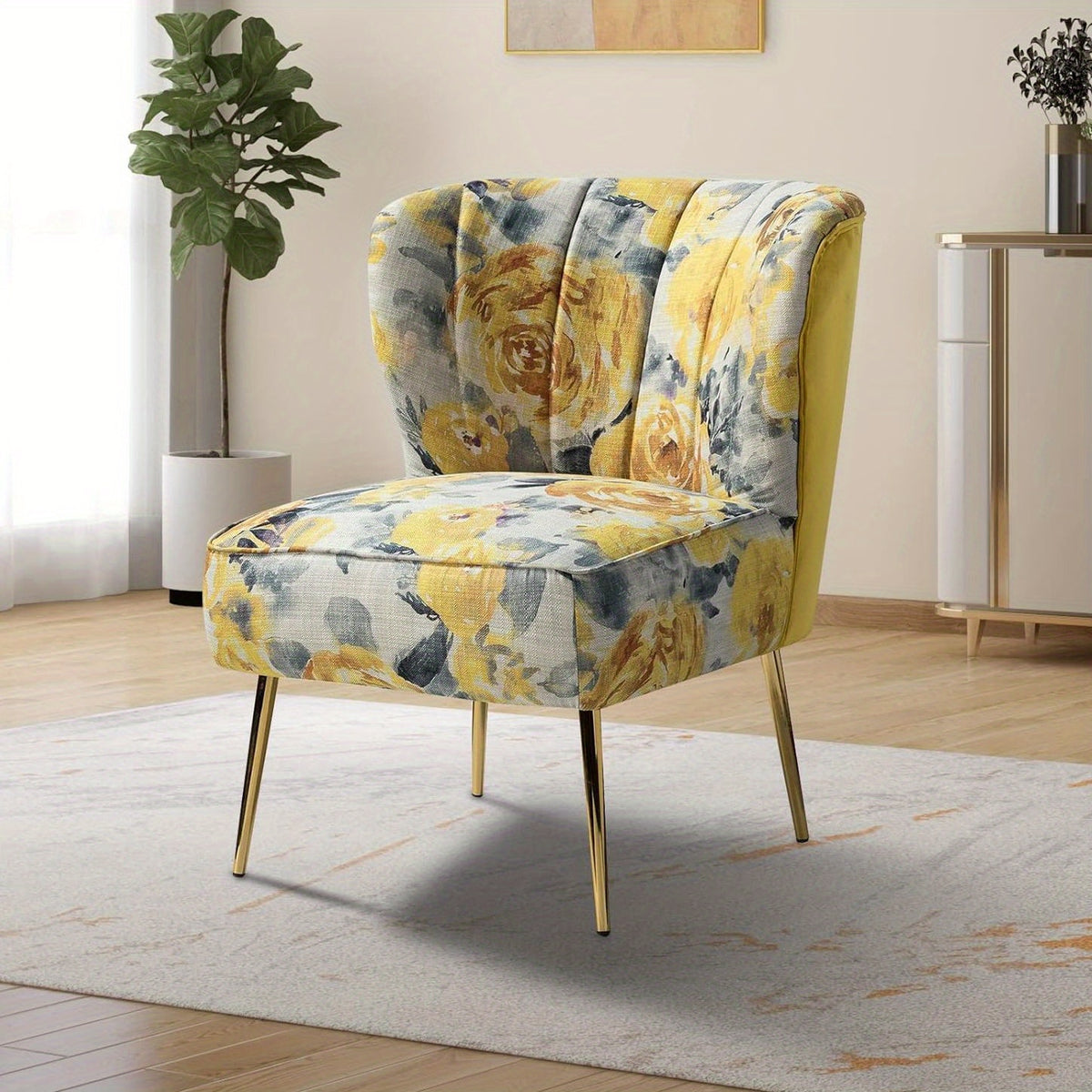 Accent Chair with Golden Metal Legs, Comfy Tufted Wingback Living Room Chair Floral Fabric Small Armless Side Chair, Upholstered Slipper Chair for Bedroom, Stadium Seats for Sports Fields, Sport Event, Reading Room (Flower Print)