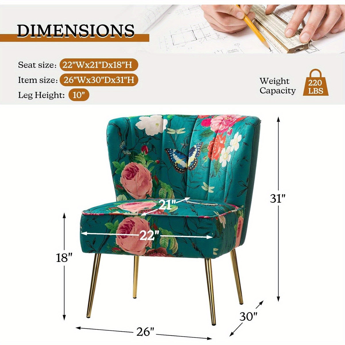 Accent Chair with Golden Metal Legs, Comfy Tufted Wingback Living Room Chair Floral Fabric Small Armless Side Chair, Upholstered Slipper Chair for Bedroom, Stadium Seats for Sports Fields, Sport Event, Reading Room (Flower Print)